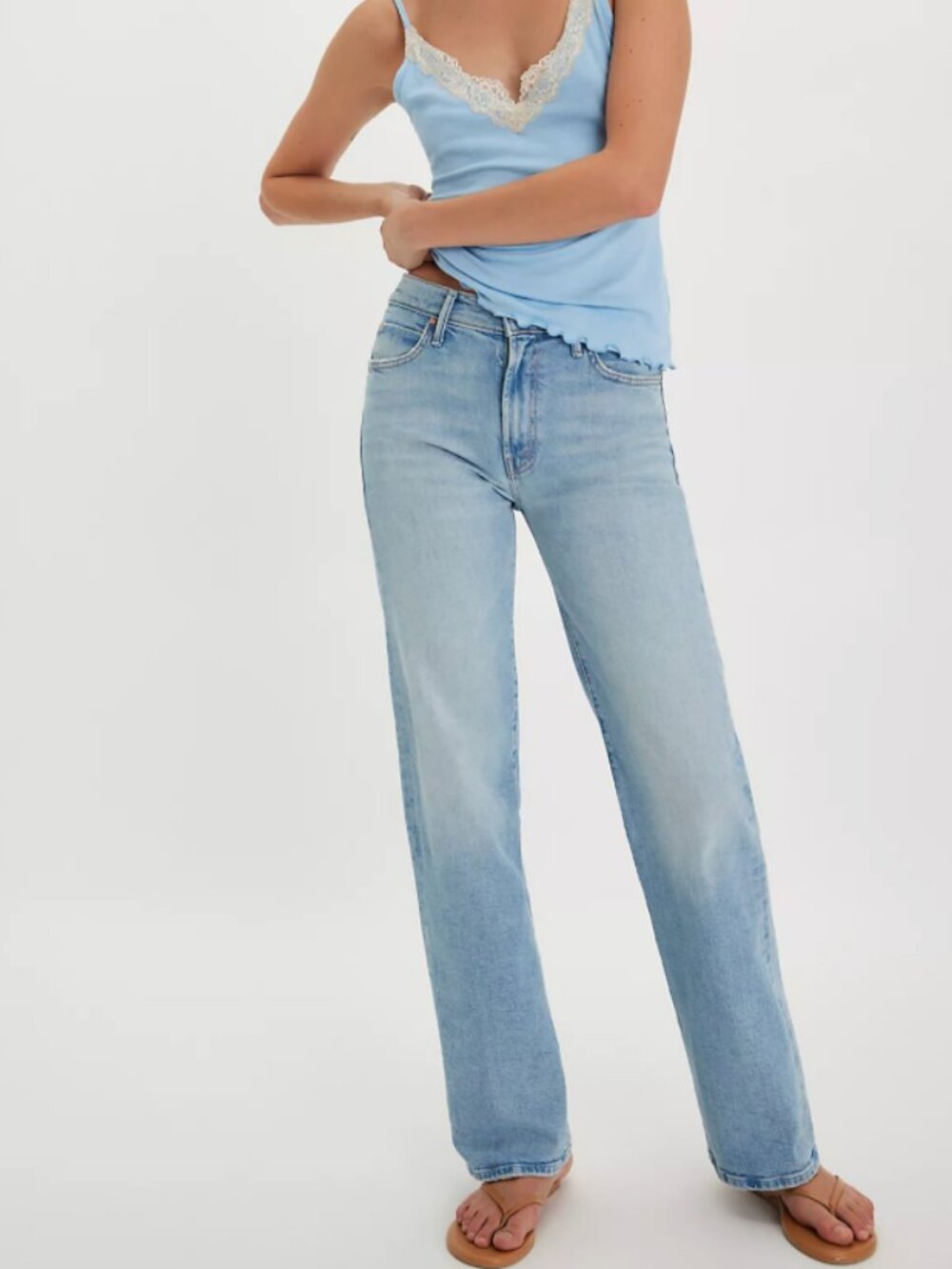 NWT MOTHER 33 Anthropologie The Kick It Go Long Straight Denim Light Wash‎ Jeans